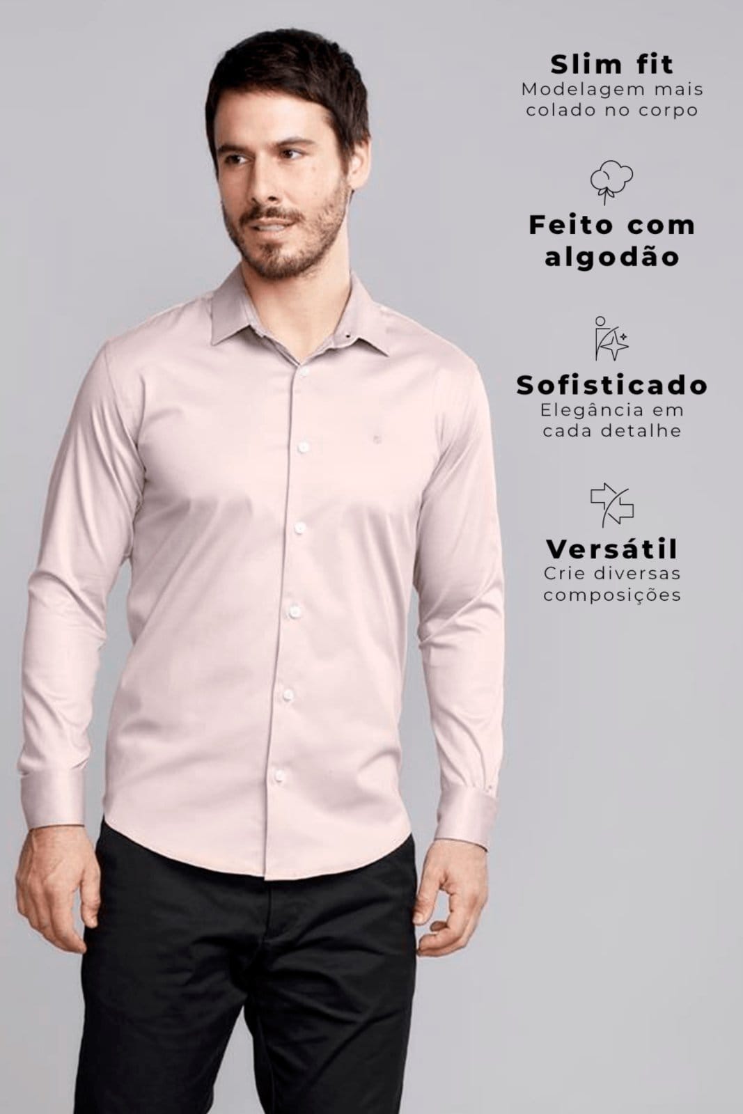 Vista 2 HIGHSTIL Camisa Lisa Manga Longa Fio Tinto Slim Fit - Rose HIGHSTIL rosa rose
