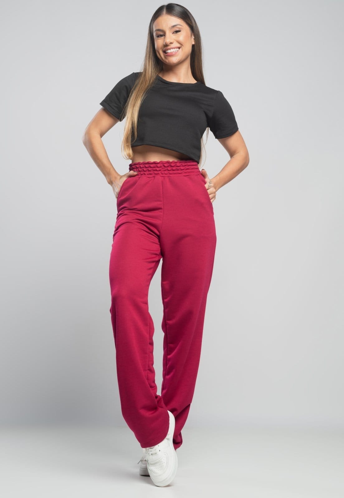 Calça MVB Modas Pantalona Flare Franzida Wide Leg Moletinho