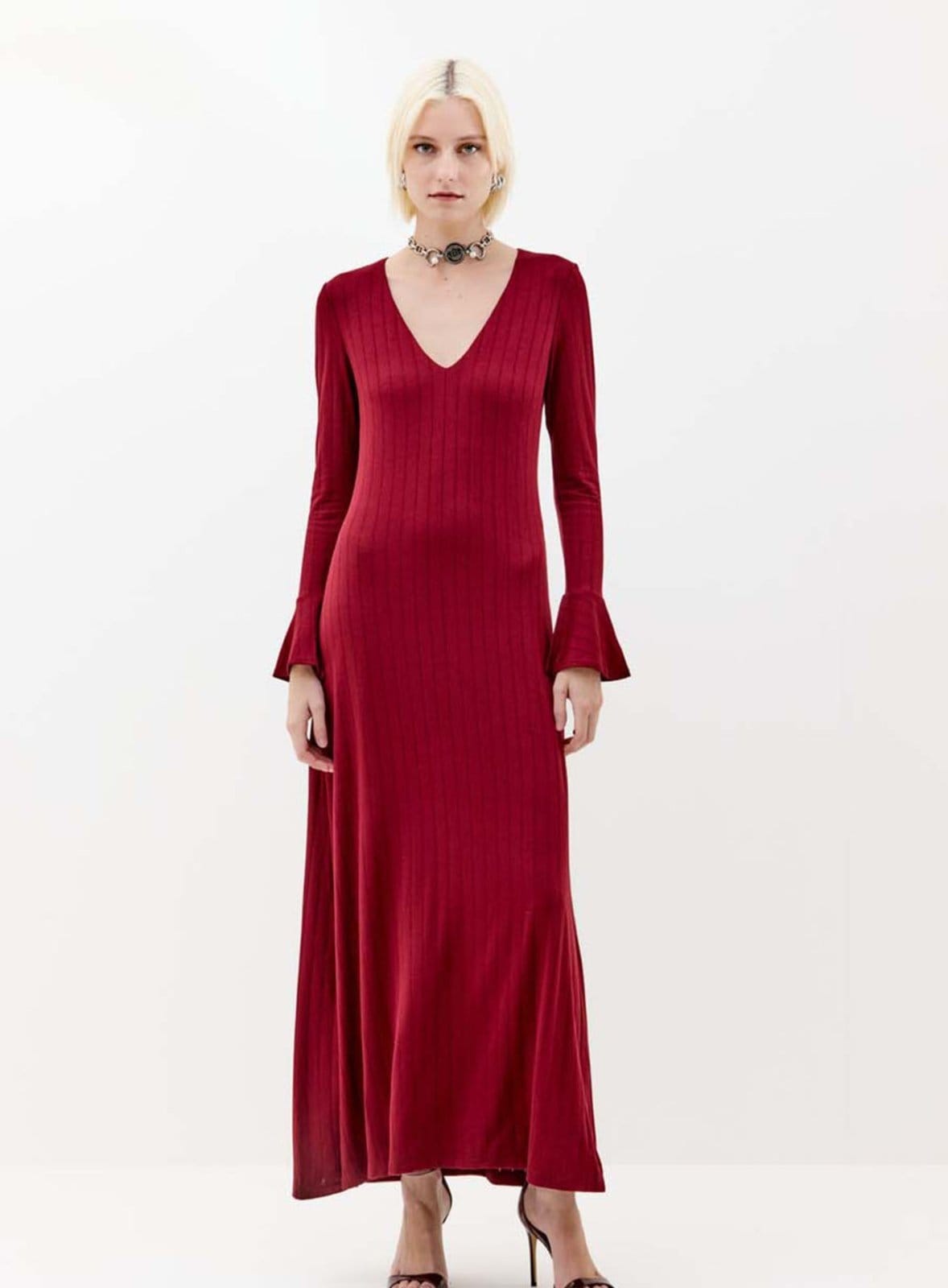 Vestido Decote em V Triton Bordo Veludo