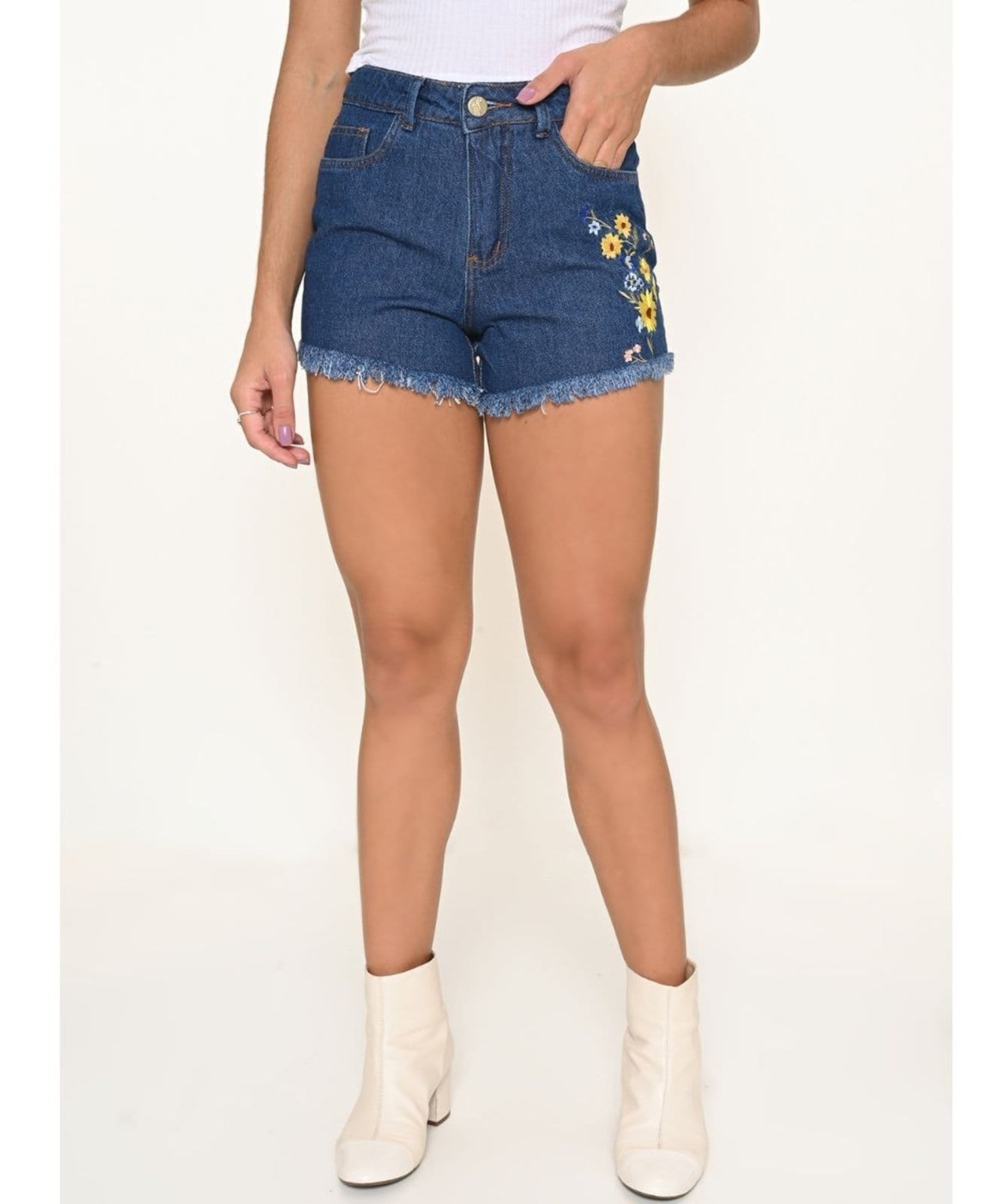 Vista 2 Shorts Feminino Jeans Boyfriend Com Bordado Super Stone Razon Jeans azul