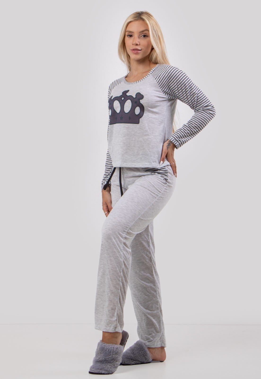 Vista 2 Pijama Diluxo Longo Mescla e Diluxo preto