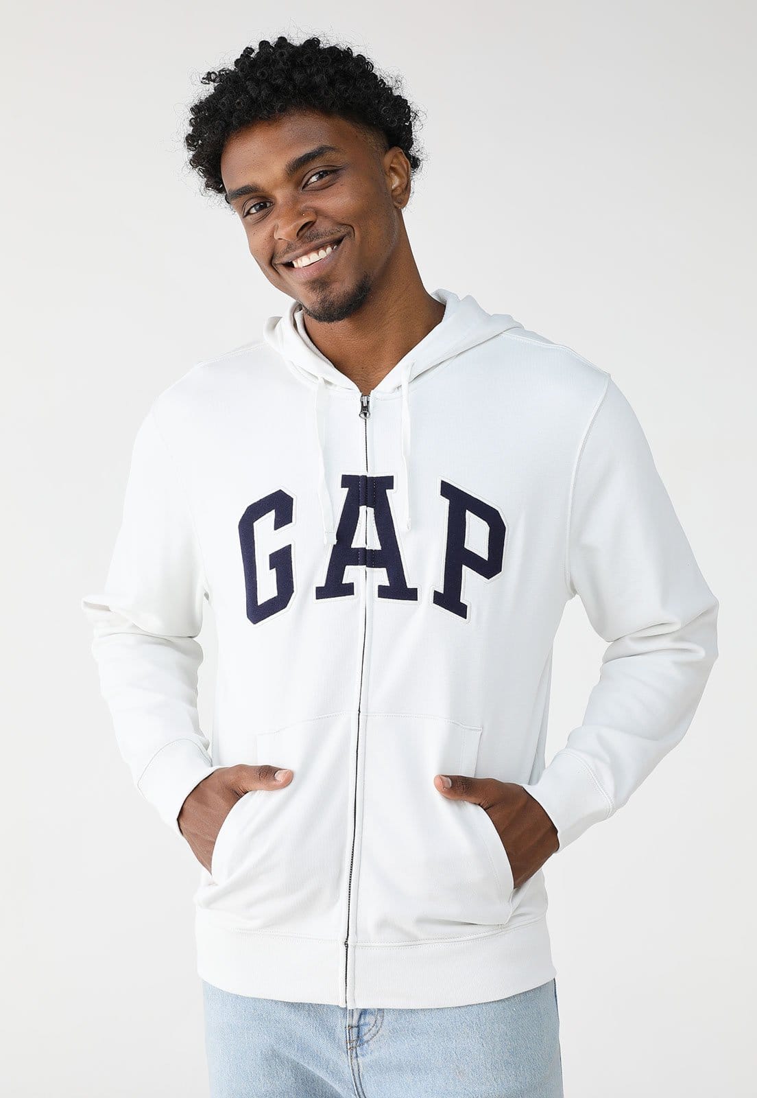Blusa de Moletinho Aberta GAP Reta Logo Estampado Com Capuz Branca