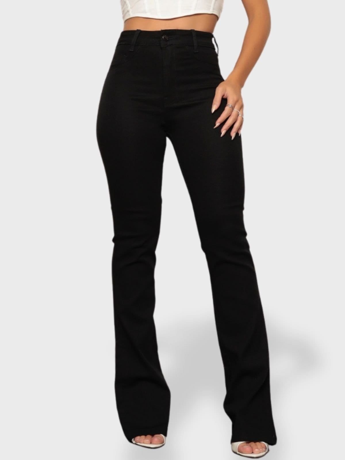 Calça Jeans Flare Boca de Sino Feminina Preta Cintura Alta Estilo Retro