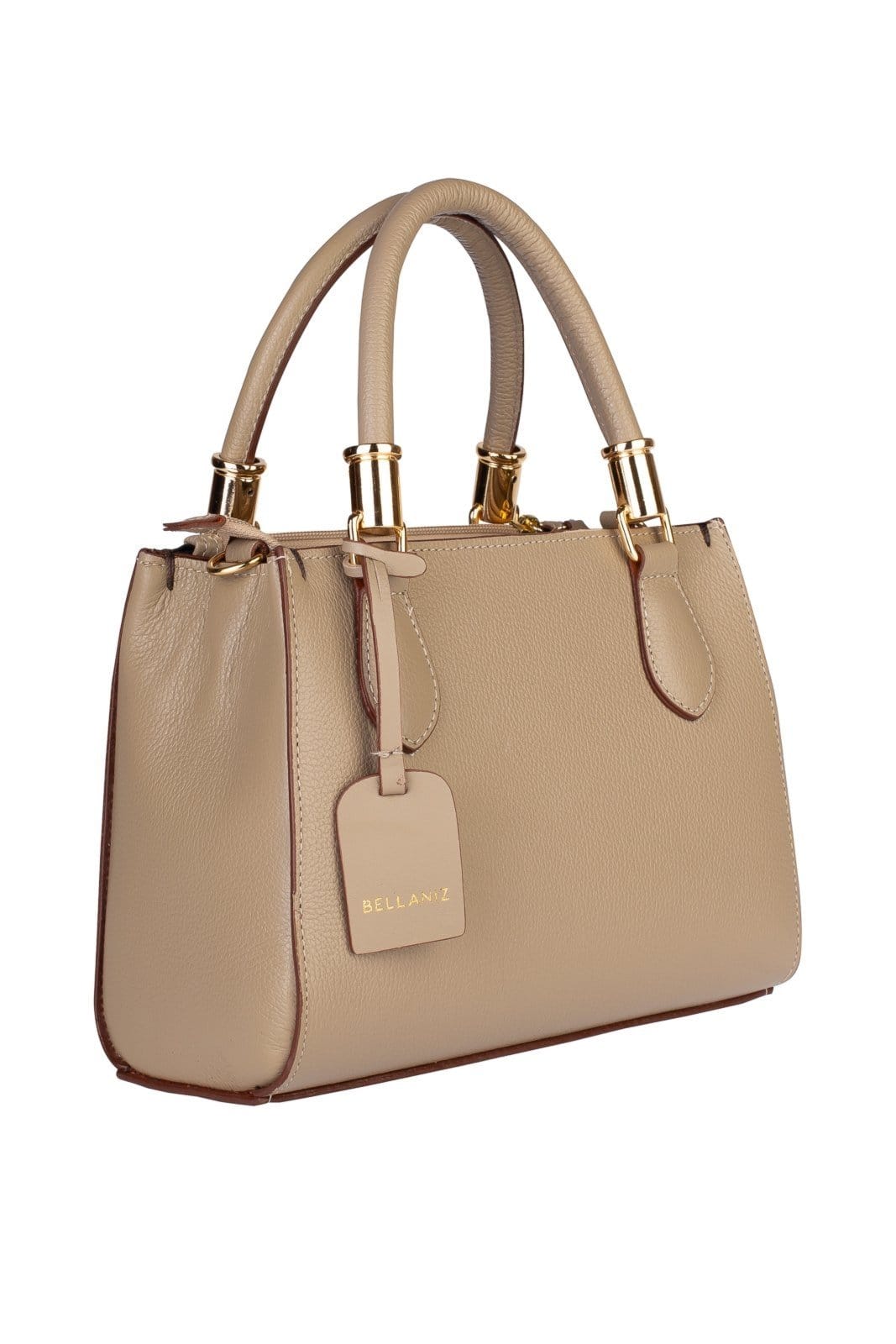 Vista 2 Bolsa Bellaniz Baú De Couro Liso Andressa - Amêndoa Bellaniz preto