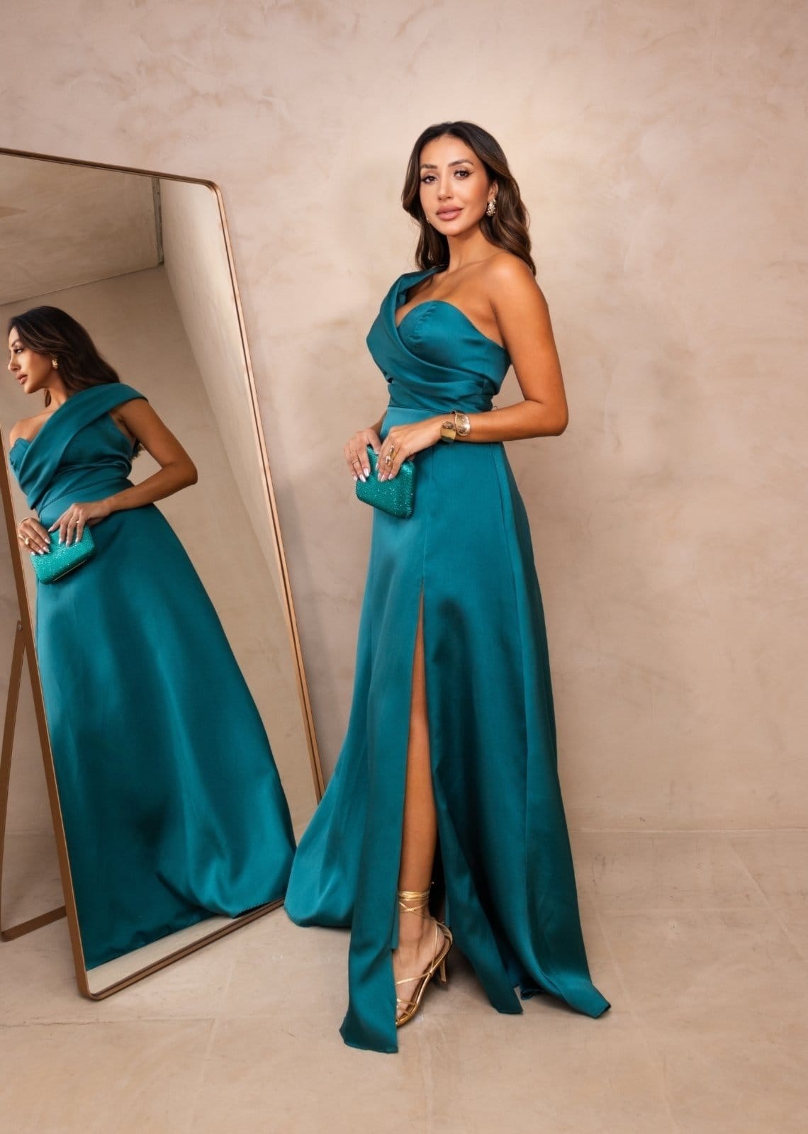 Vestido Longo de Festa Madrinhas um Ombro com Fenda Premium Dodeny Cia do Vestido Verde Petróleo - 2