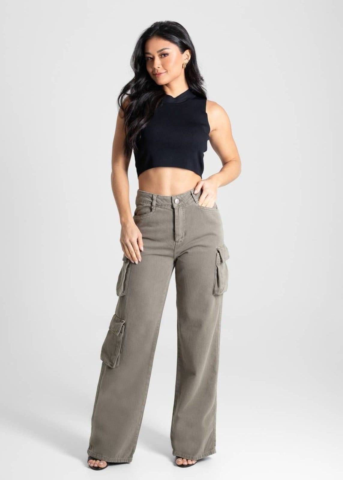 Vista 2 Calça Sarja Sawary Wide Leg- 280818 Sawary verde