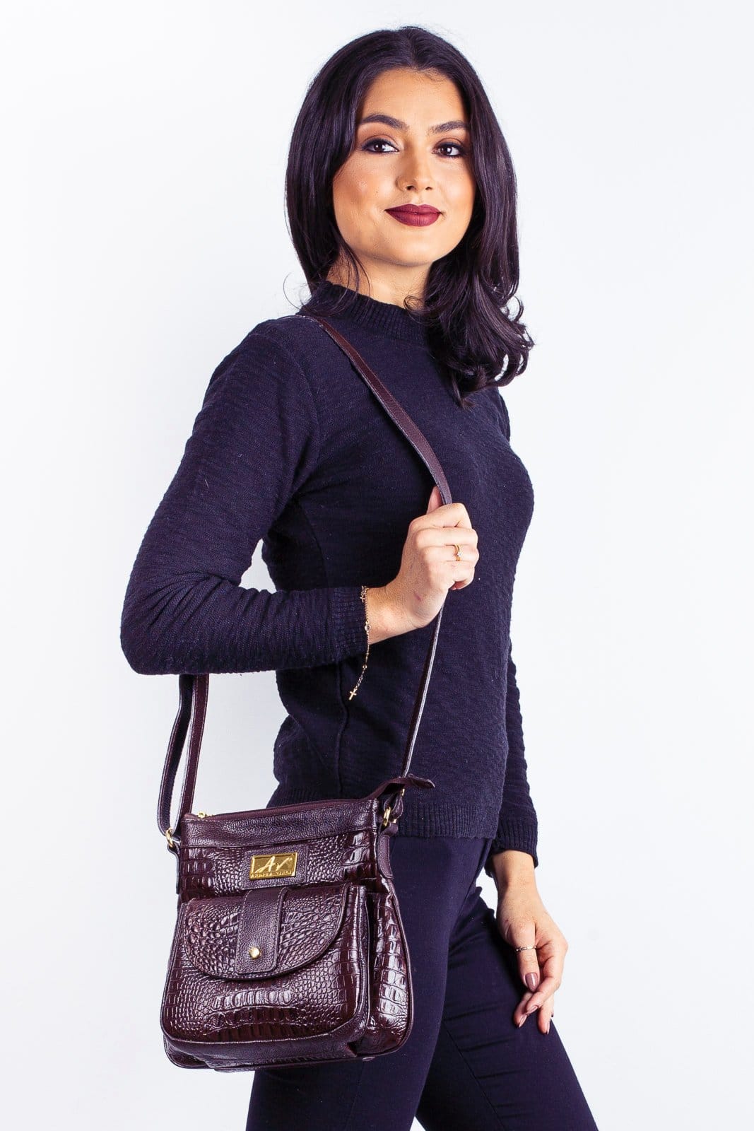 Vista 2 Bolsa tiracolo de couro croco Elis - Marsala Andrea Vinci bege