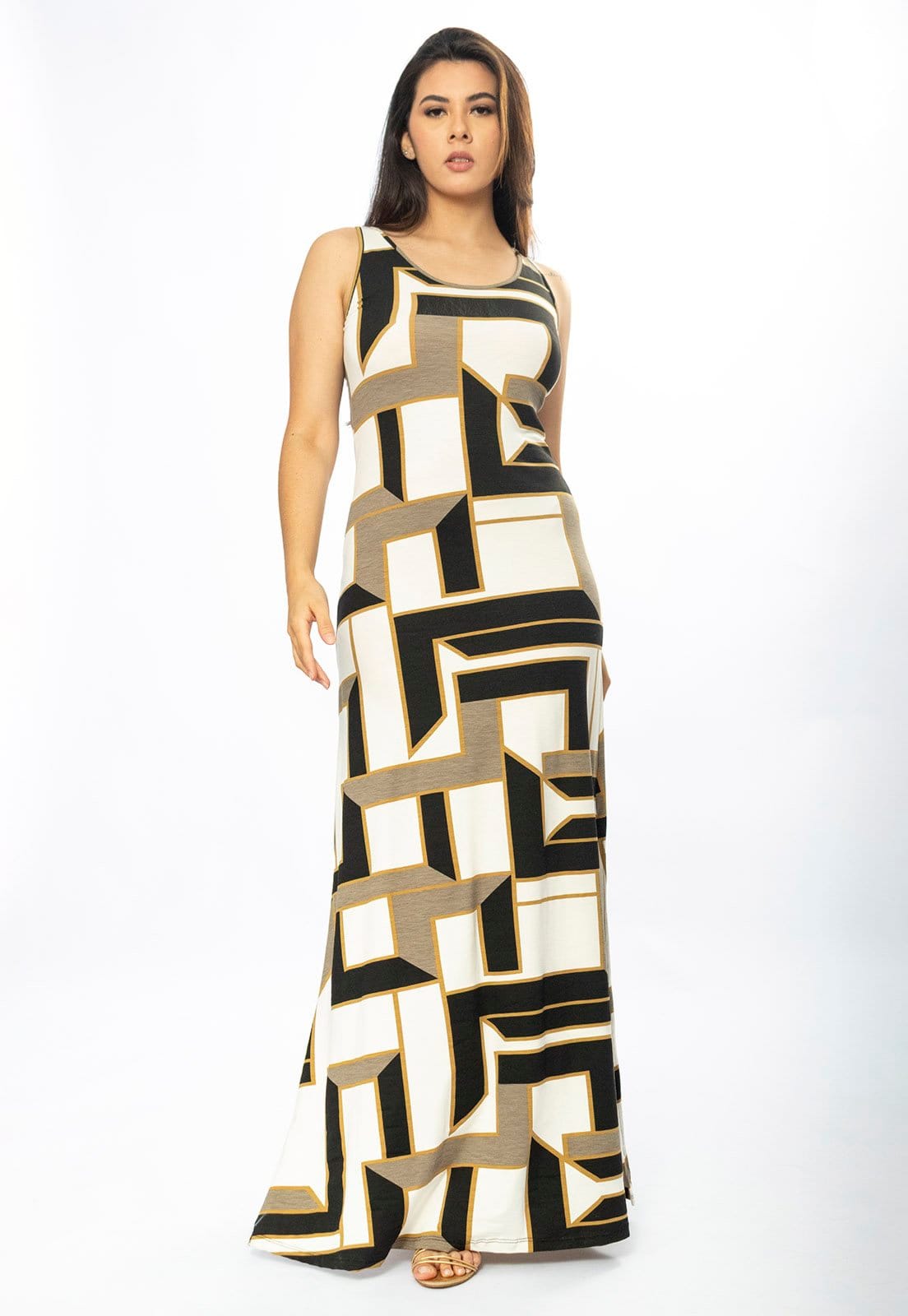 Vista 2 Vestido Longo Cabanafree Butiá Malha Regata Estampa Igaci Cabanafree branco/estampado/marrom