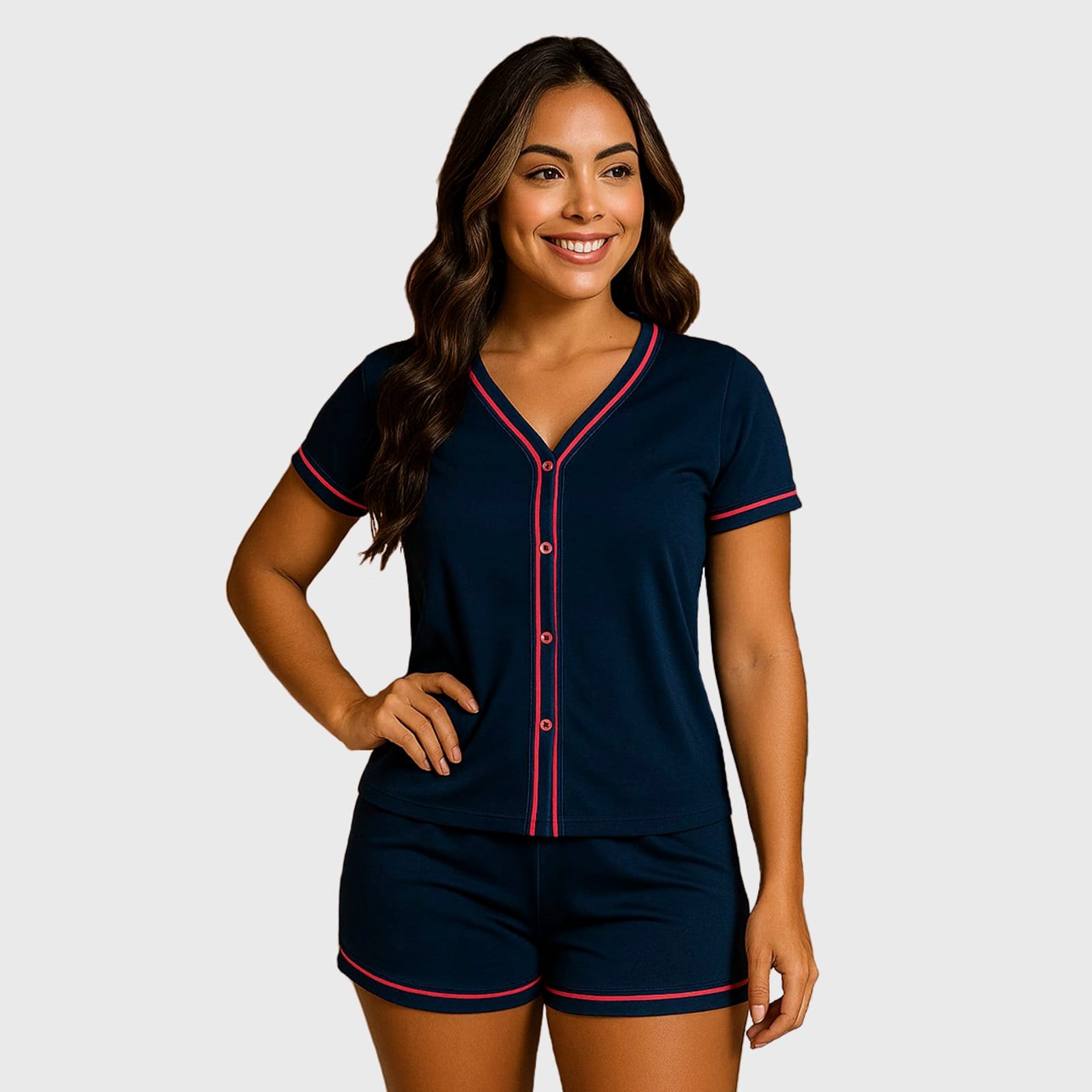 Vista principal Pijama Gabi Lingerie Blogueira Manga Curta Conjunto Feminino Americano Conforto para Dormir Marinho Gabi Lingerie azul/azul marinho azul
