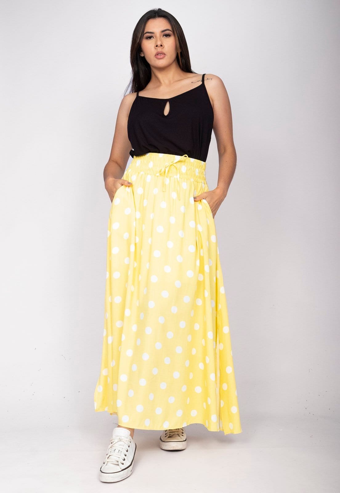 Saia Longa Amazonia Vital Viscose Amarela Poá