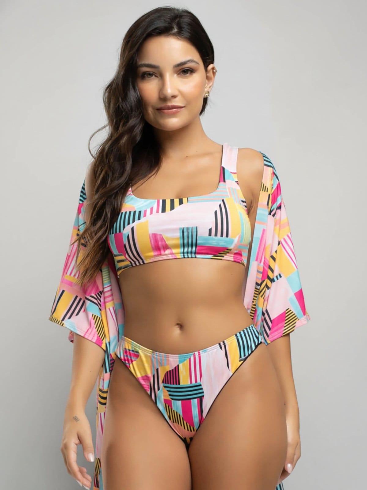 Conjunto Vicbela Biquíni Regata Fio Duplo Asa Delta + Saída de Praia Kimono Verde