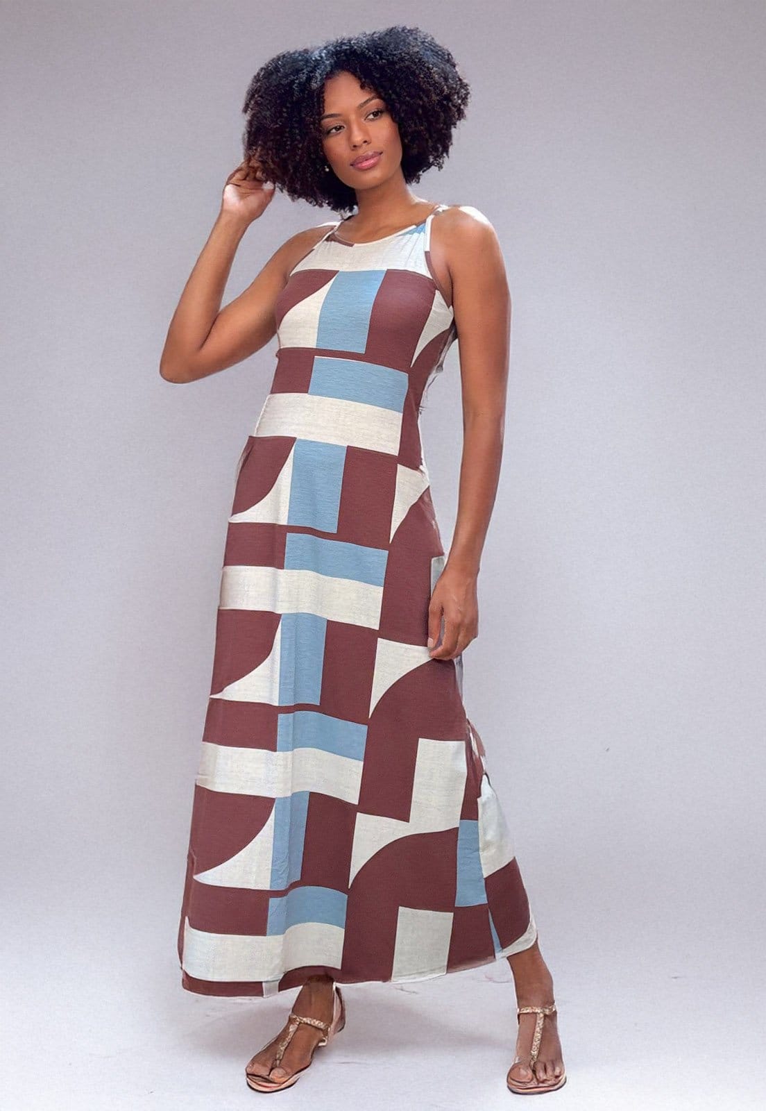 Vestido Longo Cabanafree Malha Trapézio Estampa Santa Rosa do Tocantins