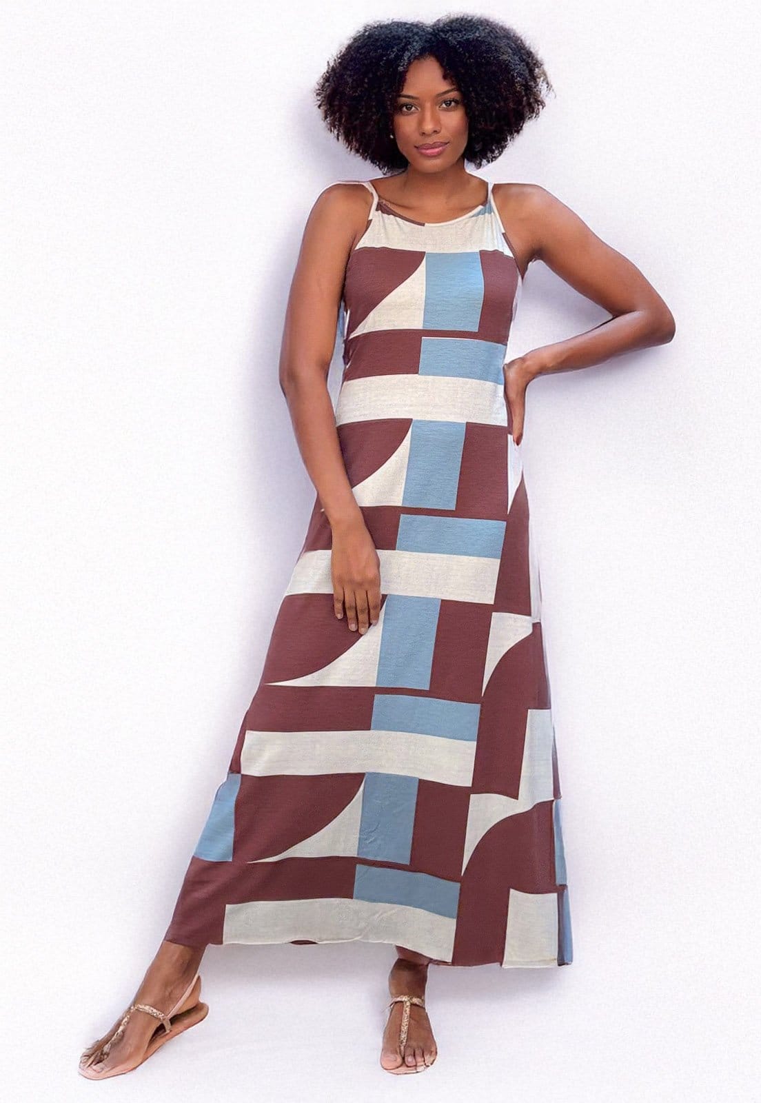 Vista 2 Vestido Longo Cabanafree Malha Trapézio Estampa Santa Rosa do Tocantins Cabanafree azul/estampado/marrom rosa