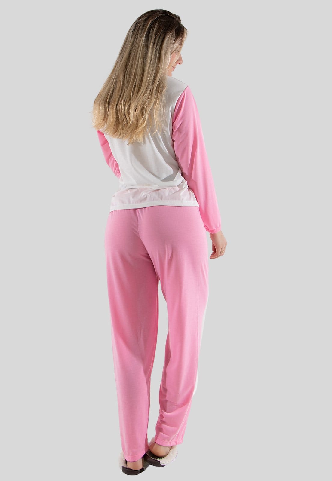 Vista 2 Pijama Longo Algodão Linha Noite Malha Premium Linha Noite rosa
