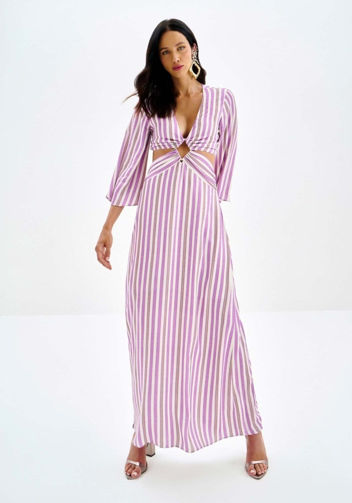 Vestido Midi Chá Estampado com Cut Out