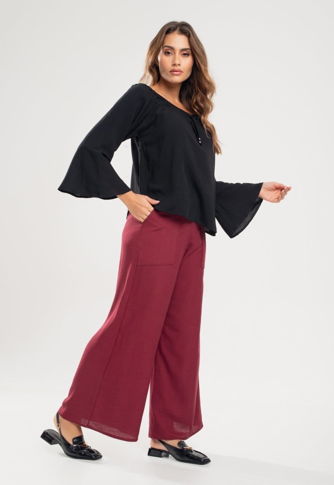 Calça Pantalona Com Bolso Viscolinho Salvatore Fashion Vinho