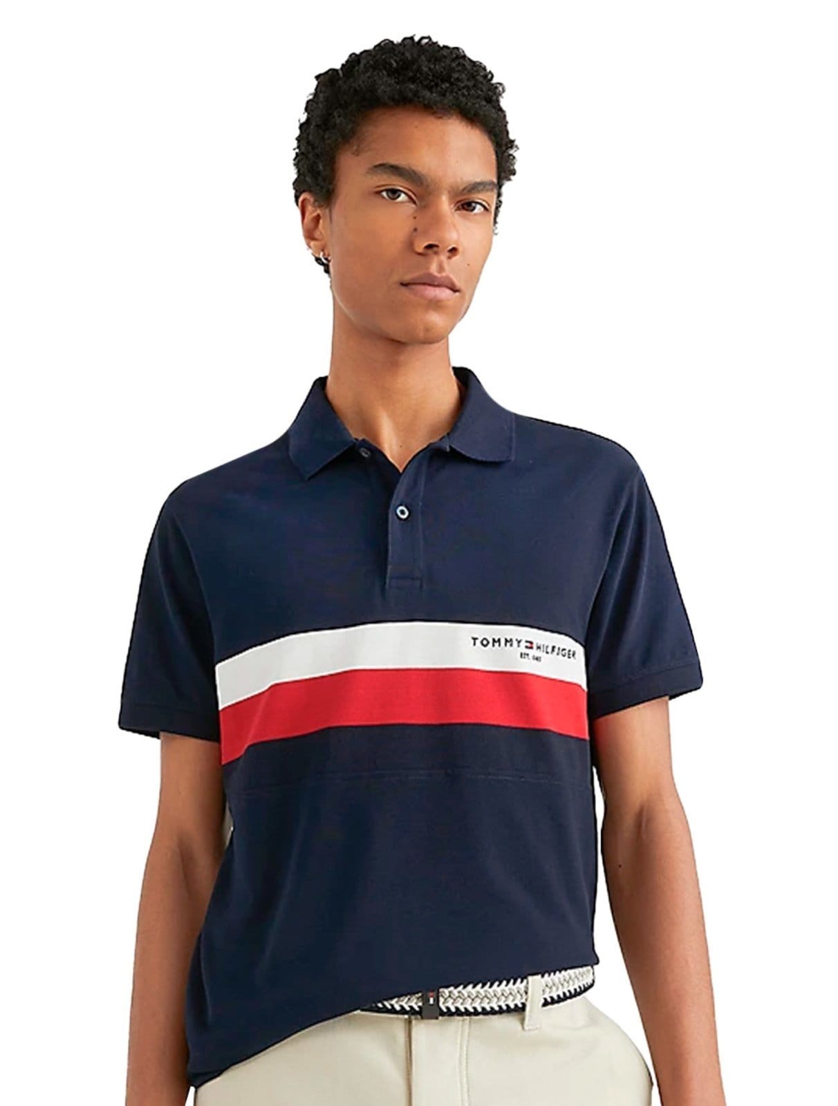 Vista principal Polo Tommy Hilfiger Masculina Piquet Slim Colourblock Marinho Tommy Hilfiger azul