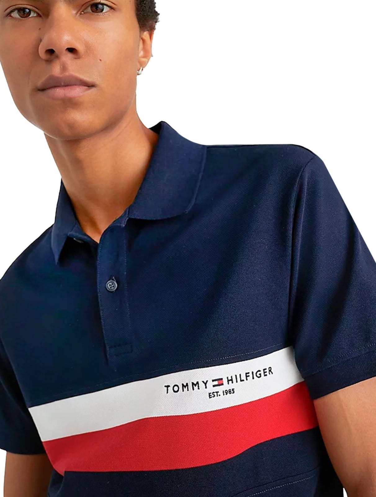 Vista 2 Polo Tommy Hilfiger Masculina Piquet Slim Colourblock Marinho Tommy Hilfiger azul