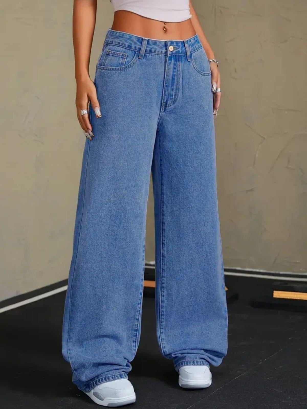Calça Jeans Wide Leg Feminina Safira Moda Pantalona Médio