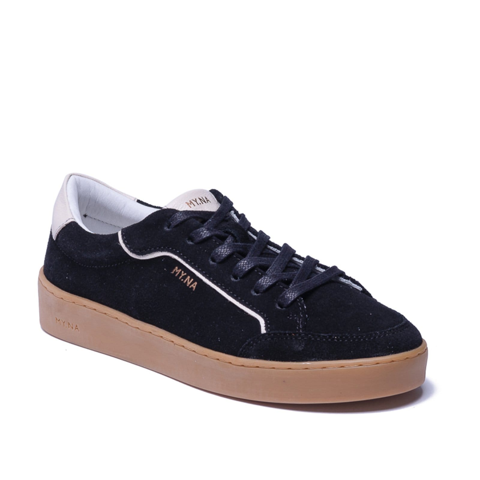 Tênis MY.NA Y7 Couro Legítimo Camurça Preto com detalhes em Off White