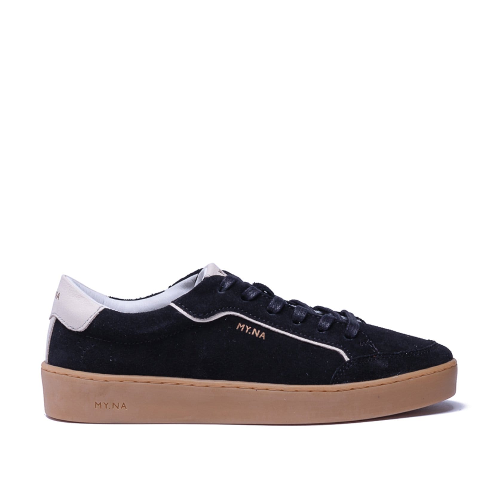 Vista 2 Tênis MY.NA Y7 Couro Legítimo Camurça Preto com detalhes em Off White MY.NA preto white