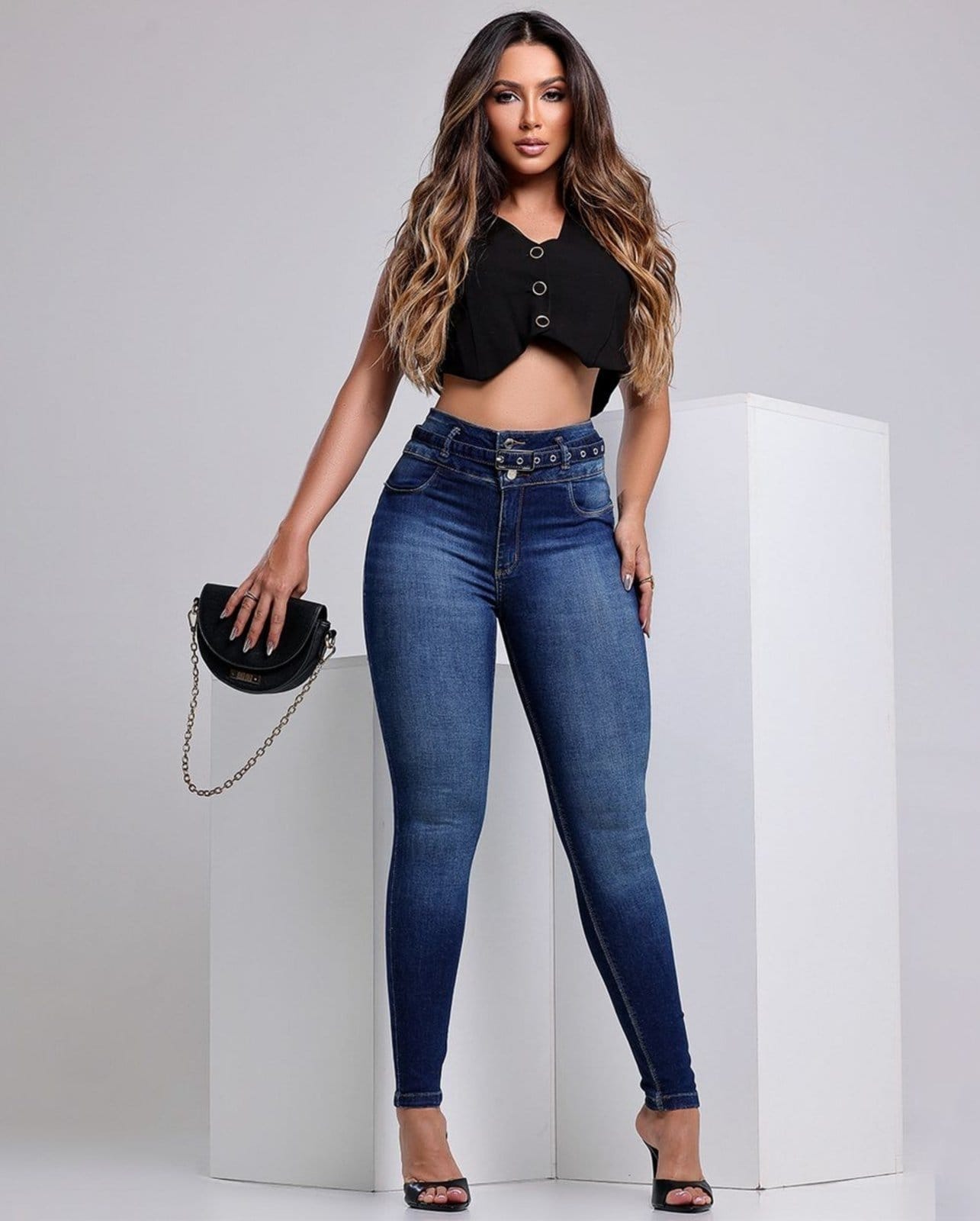 Calça Skinny Hot Feminina Cintura Alta com Cinto 23964 Escura