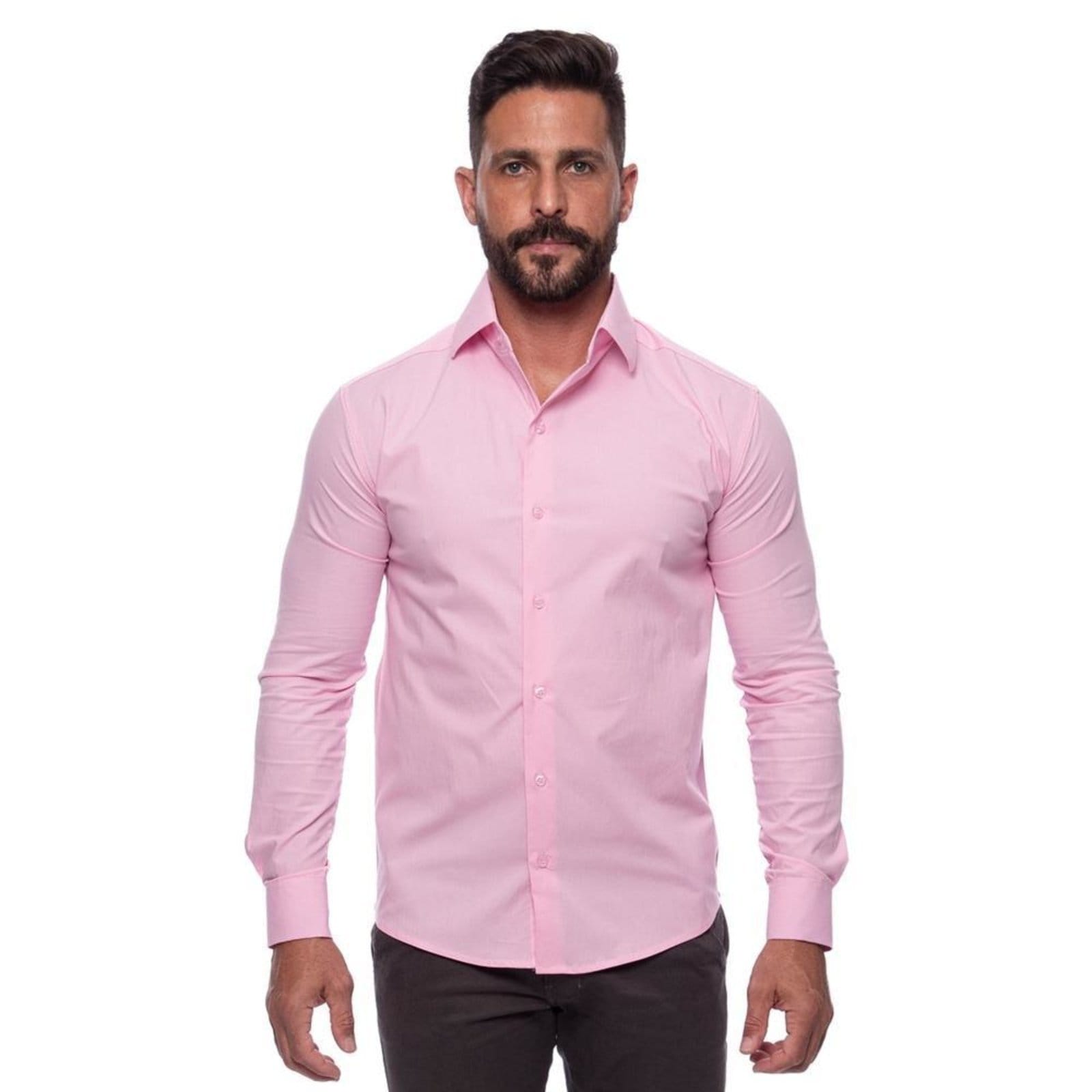 Camisa Masculina Slim Manga Longa Lisa Acetinada Social Azul Claro Rosa