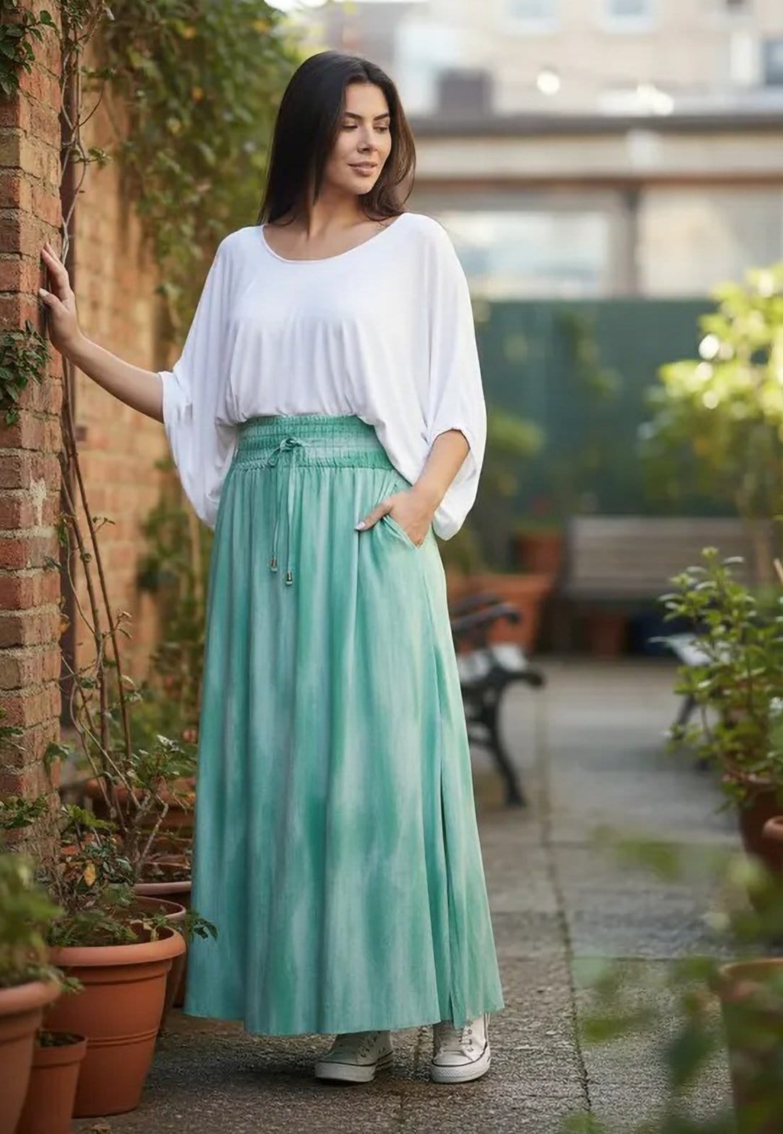 Saia Cabanafree Longa Viscose Tie Dye Verde Aqua