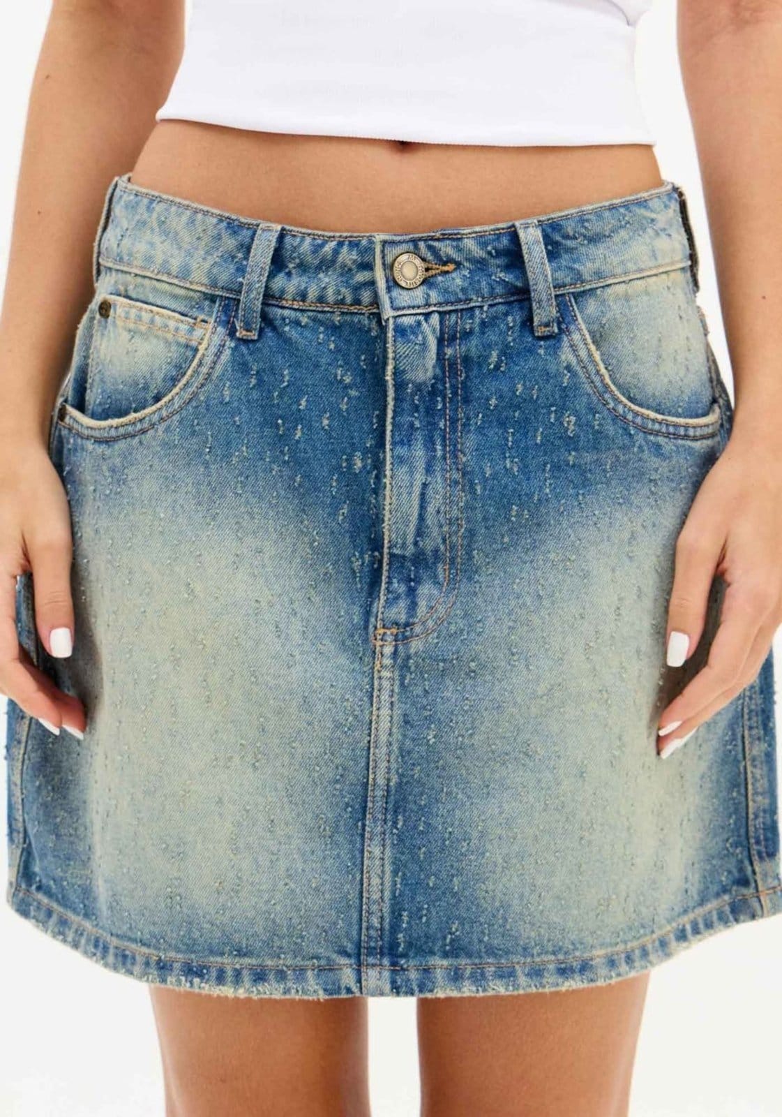 Vista 2 Saia Jeans Curta Cintura Alta My Favorite Things azul