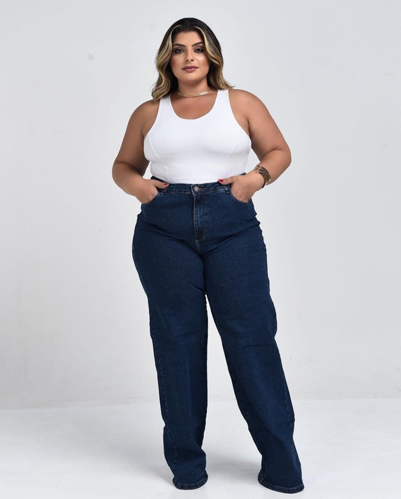 Calça Wide Leg Plus Size Feminina Cintura Alta Básica 28006 Escura