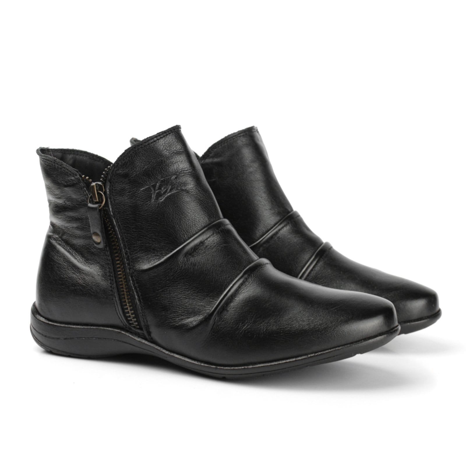 Vista 2 Bota Casual Couro Feminina Solado Rasteiro Cano Curto Zíper Lateral Detalhe Dobra Preta FRANCA GRIFFE preto