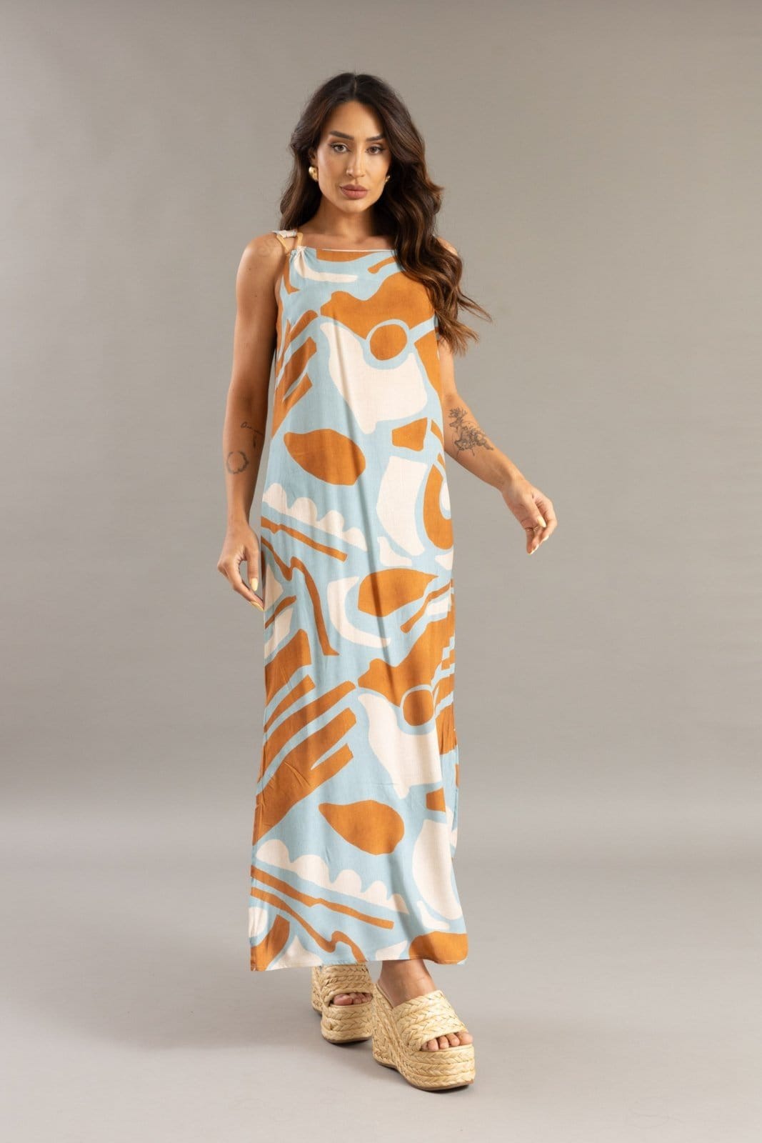 Vestido Longo Feminino Estampado sem Mangas Lemier Collection na Cor