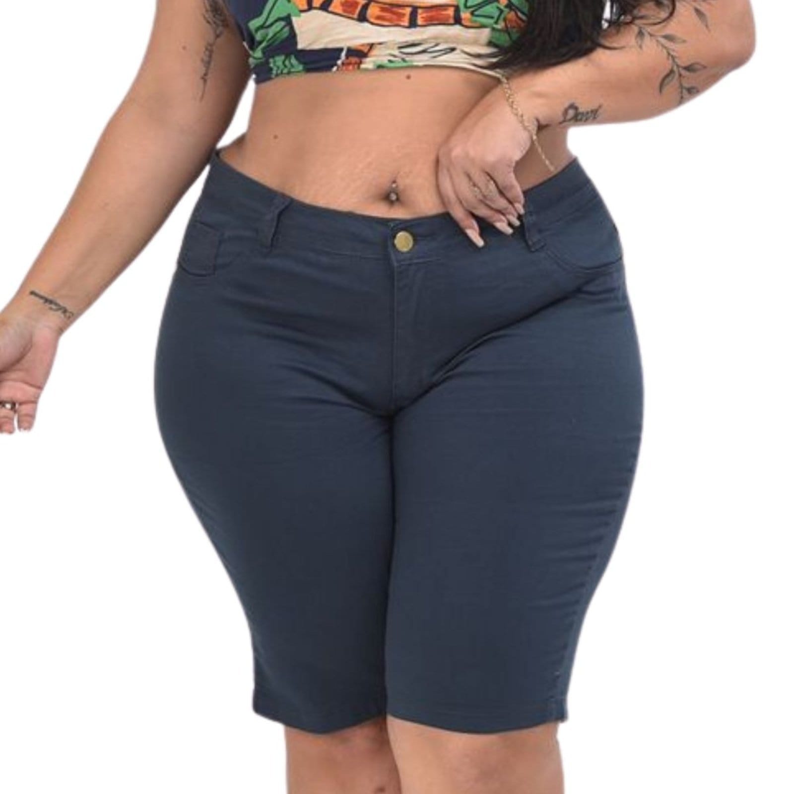 Bermuda Feminina Jeans Loka Plus Size Marinho Sarja