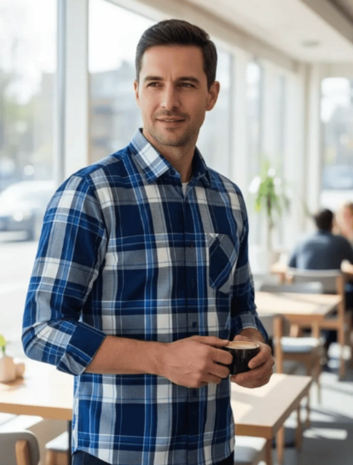 Vista 2 Camisa Social Amil Infor Comfort Xadrez Algodão Macia Fácil de Passar Luxo Cor04 Amil azul