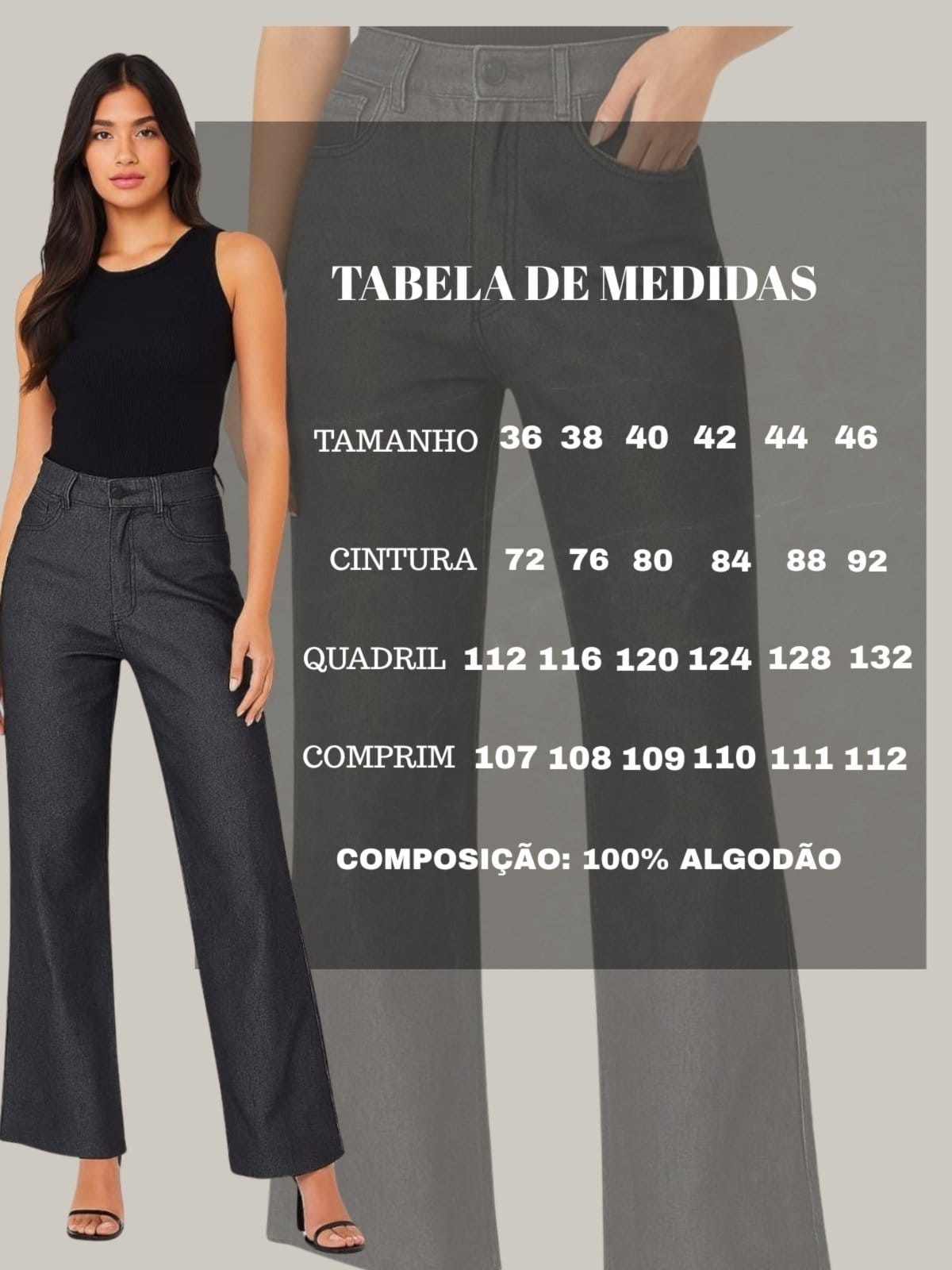 Vista 2 Calça Preta Feminina Wide Leg Pantalona Sarja 100% Algodão Razon Jeans preto