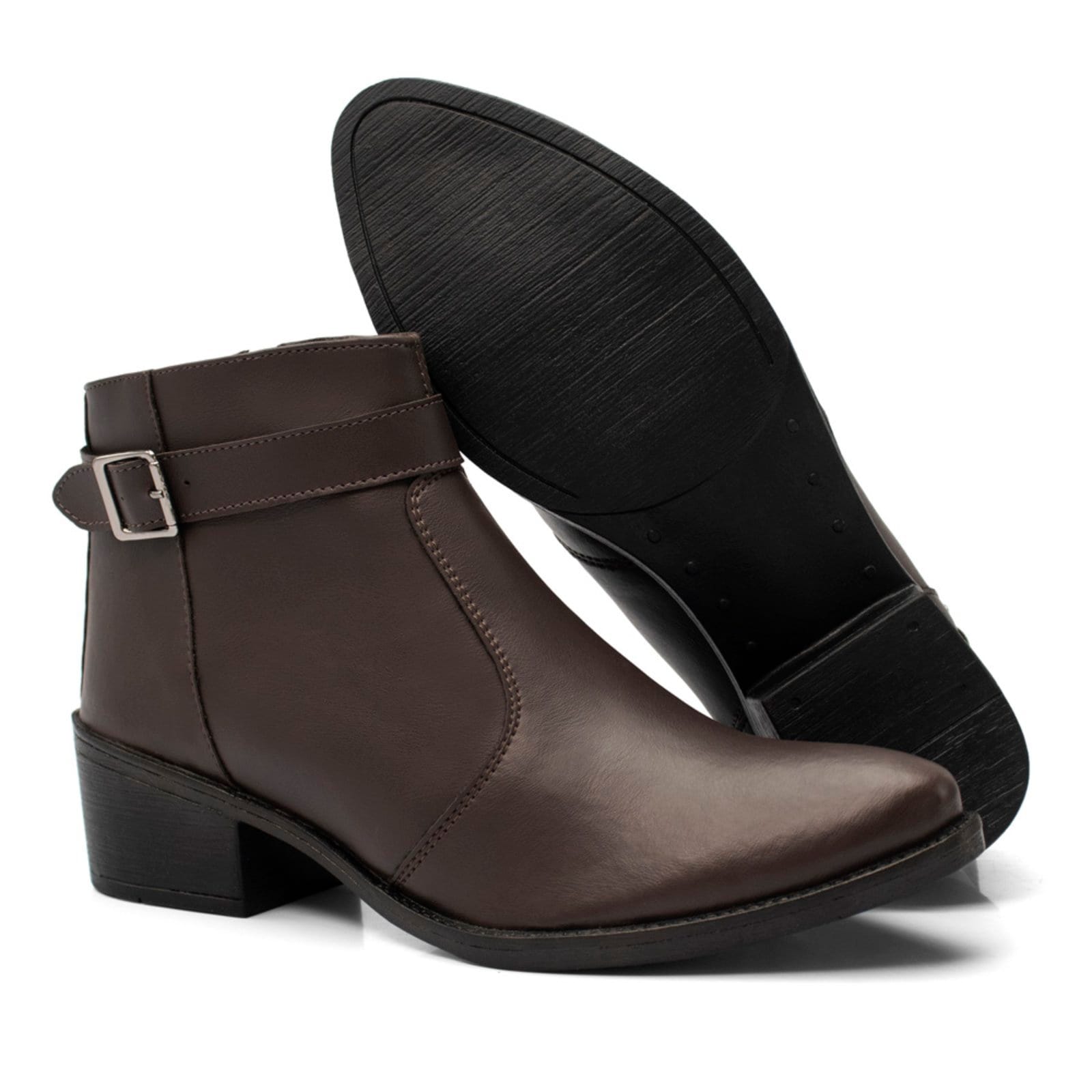 Vista 2 Bota Feminina Coturno Bico Fino Fivela Cano Curto Café Lavini Shoes marrom