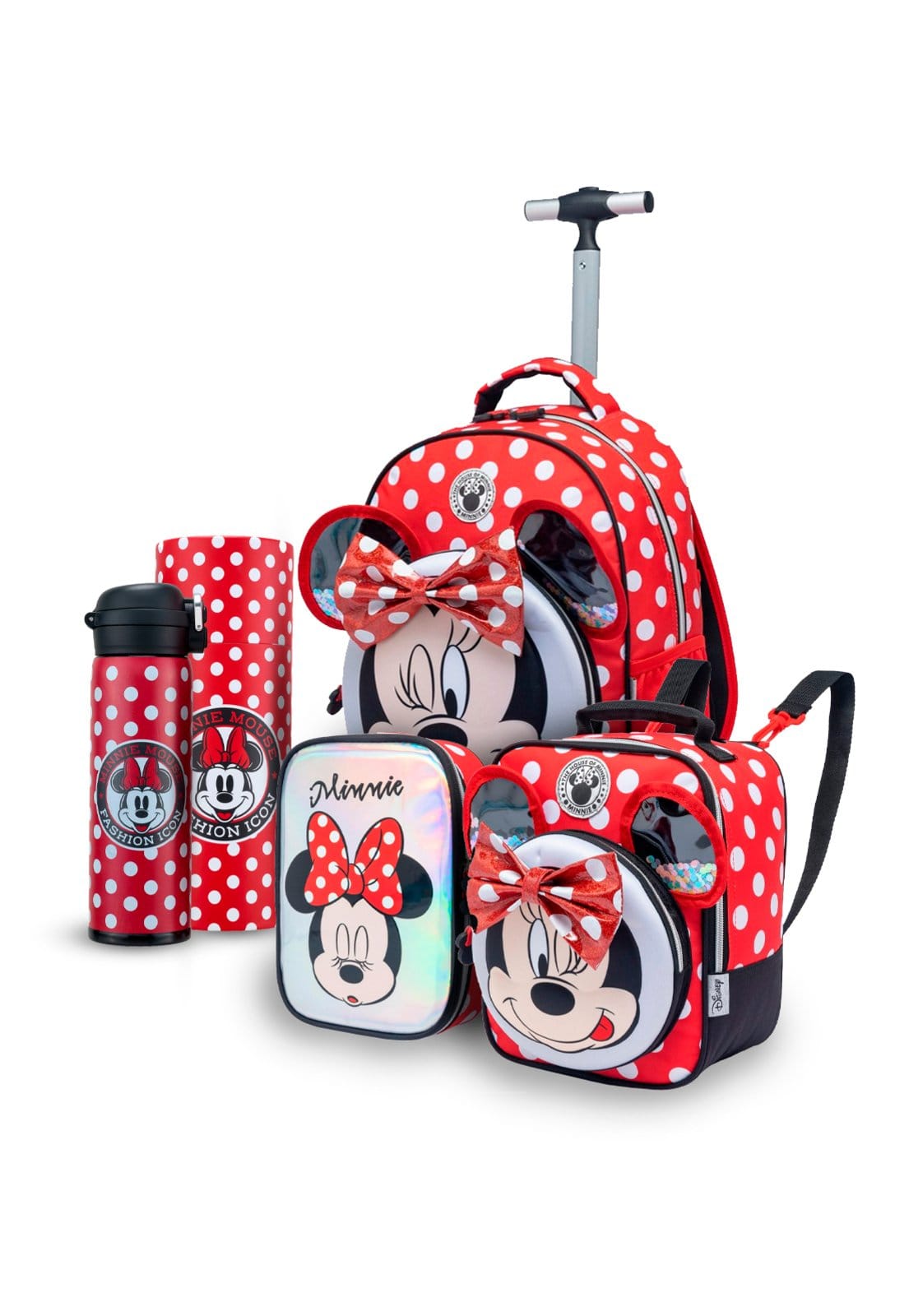 Infantil - Kit Mochila Lancheira Estojo Garrafa Minnie Rodinha