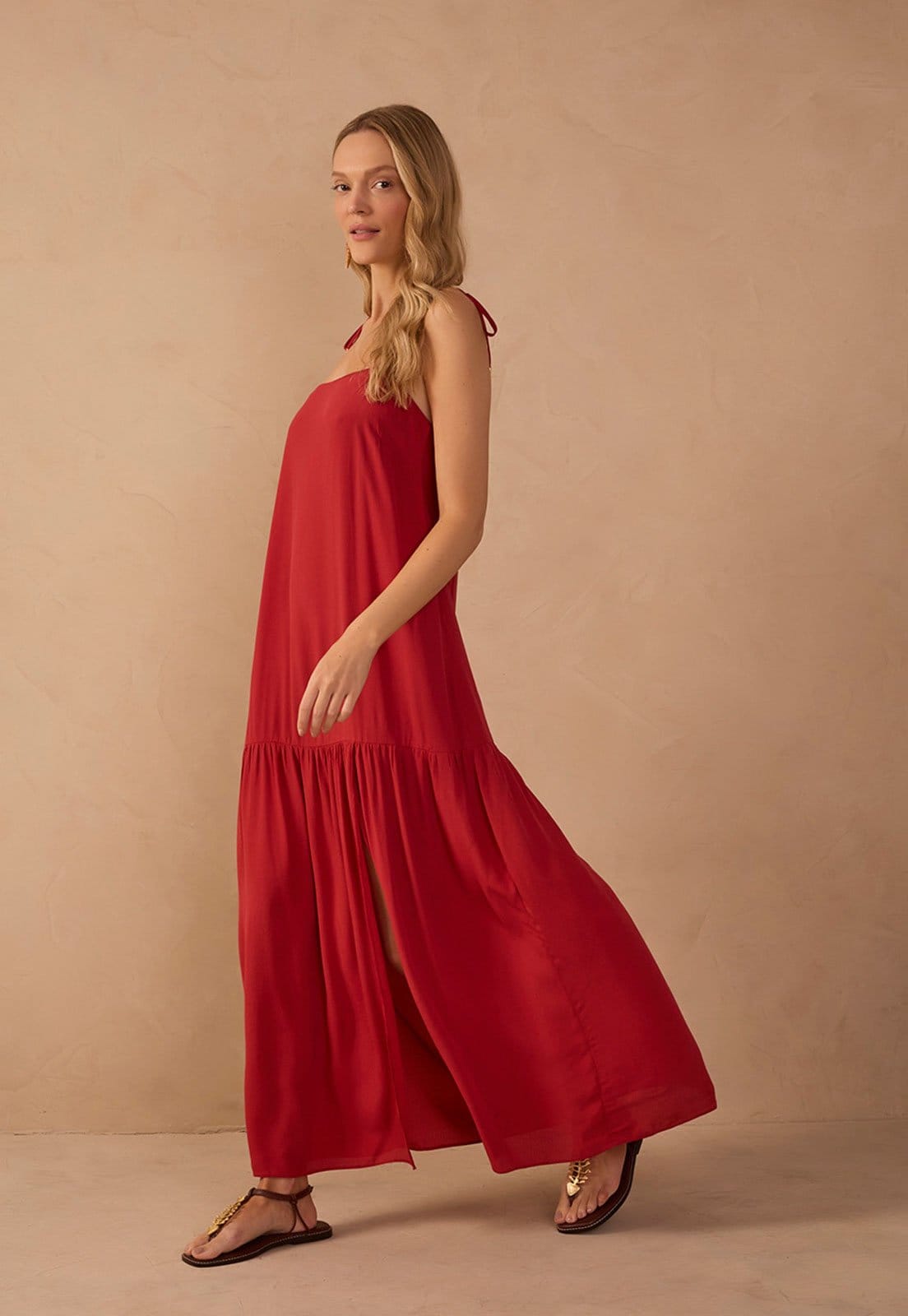 Vista 2 Vestido Longo Feminino Dress To Fenda Alça Ajustável Dress to vermelho