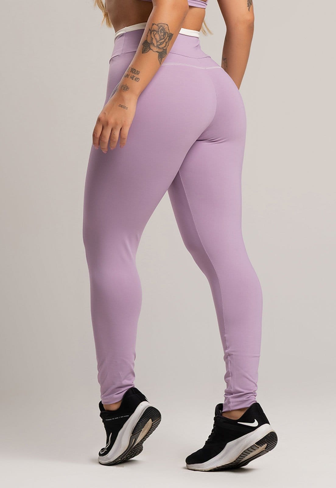 Vista 2 Calça Legging MVB Modas Cós de Vira Cintura Alta Feminina Poliamida Lavanda Mvb Modas lilás lavanda