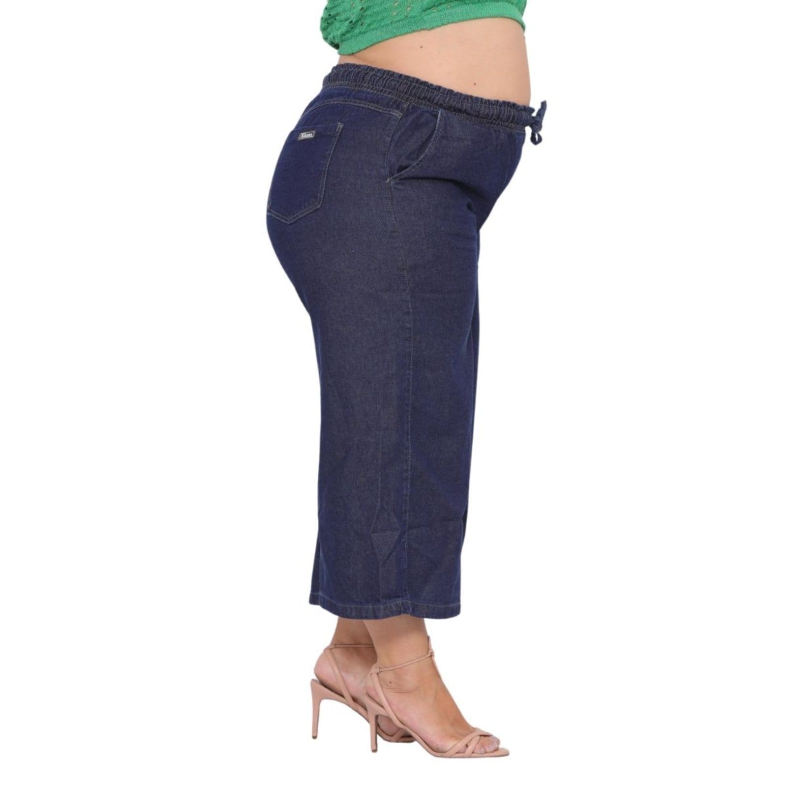 Vista 2 Calça Capri Pantacurt Feminina Plus Size Jeans ão com Elástico na Cintura 46 Ao Alleppo Jeans azul