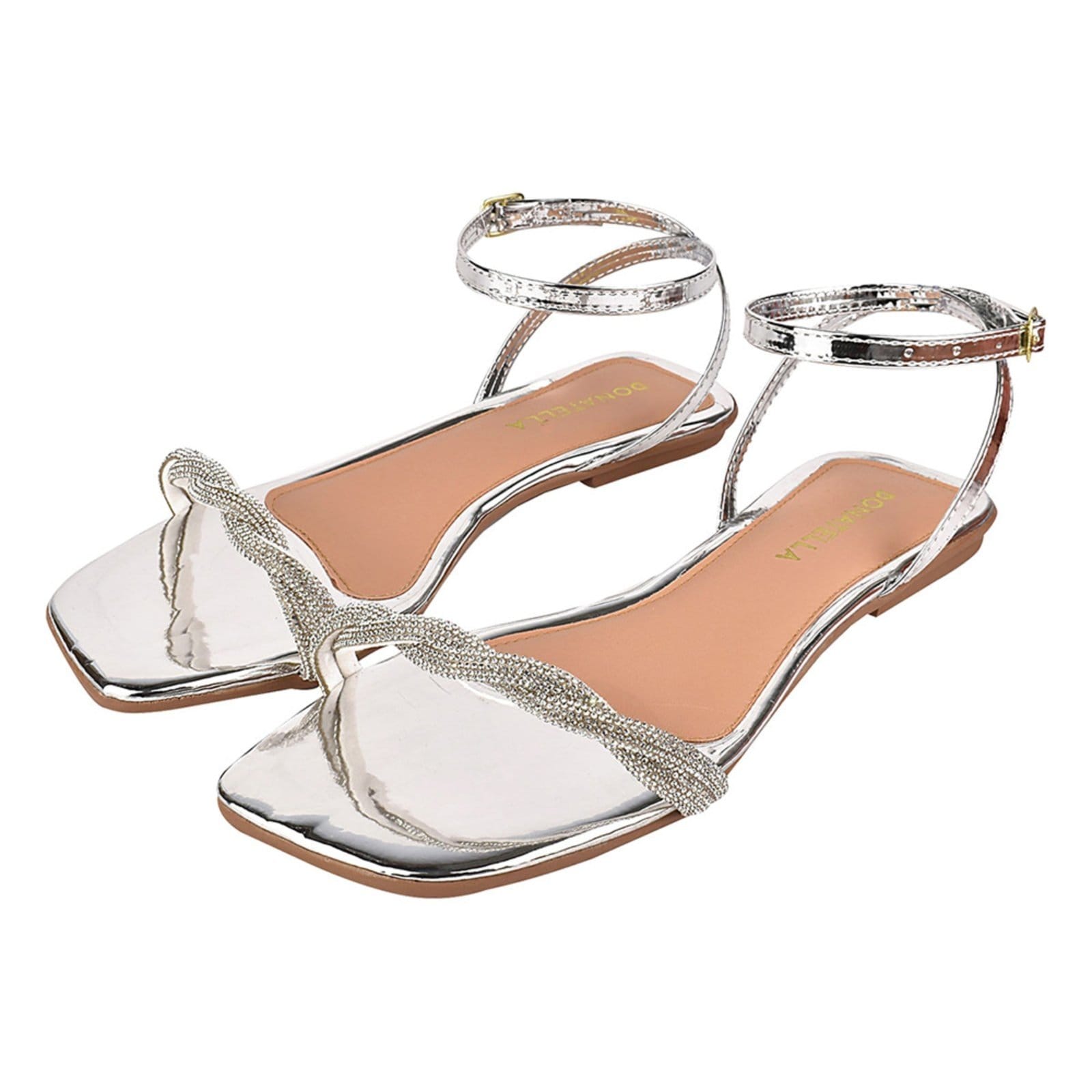 Sandália Rasteira Feminina Donatella Shoes Bico Quadrado Rasteirinha Trançada Brilho Strass Metalizado