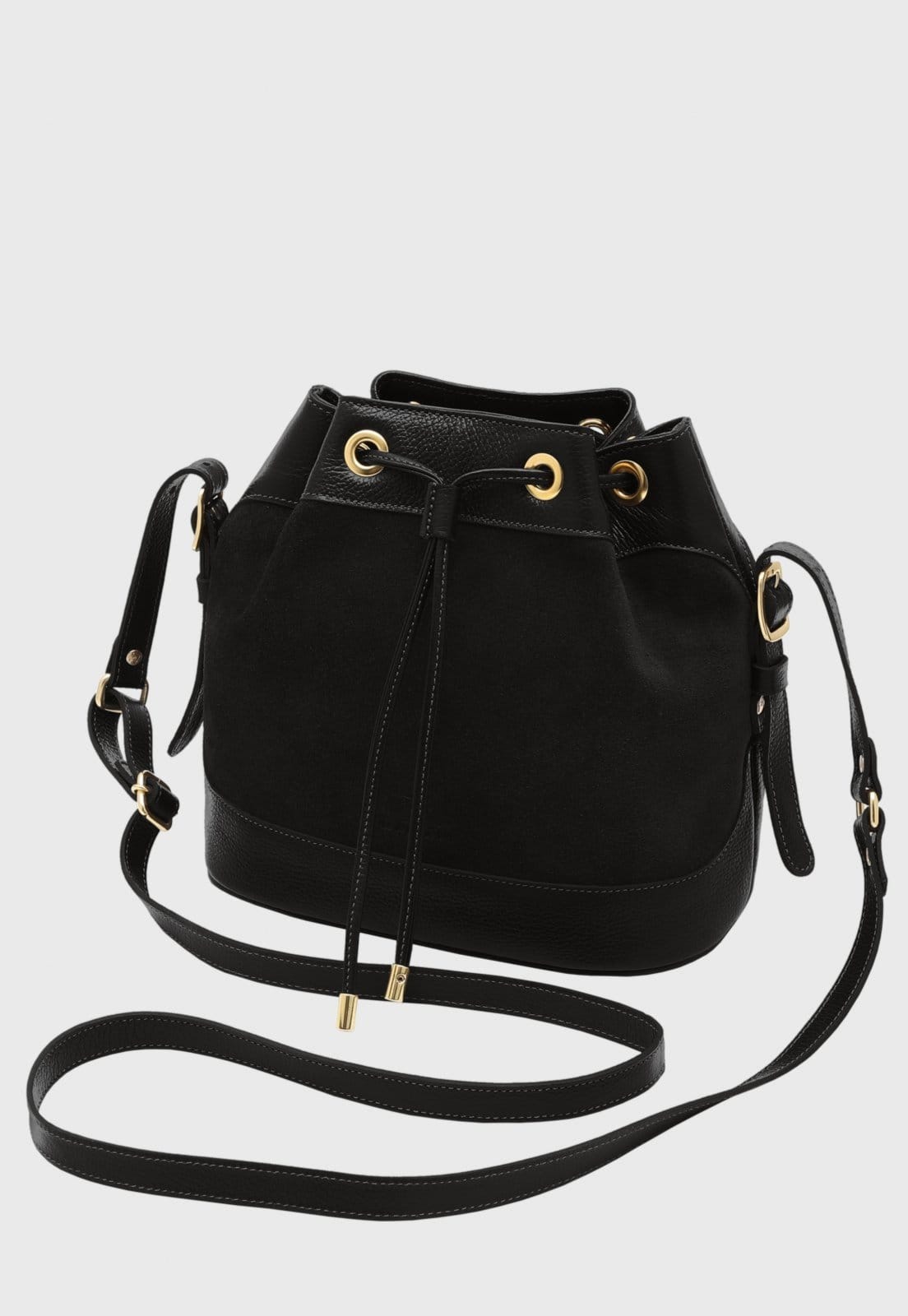 Bolsa Bucket Transversal Couro Mariart Chia Preta Suede