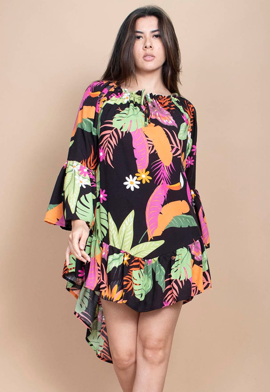 Vista 2 Vestido Curto Cabanafree Viscose Com Babados Estampa Noite Botãnica Cabanafree estampado/laranja/rosa/verde