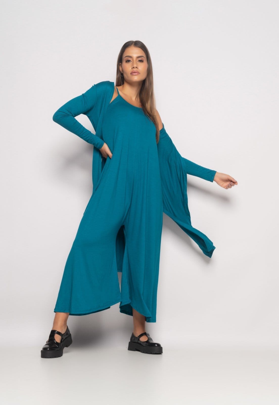 Vista 2 Conjunto Macacão Pantalona e Kimono Malha Salvatore Salvatore Fashion azul