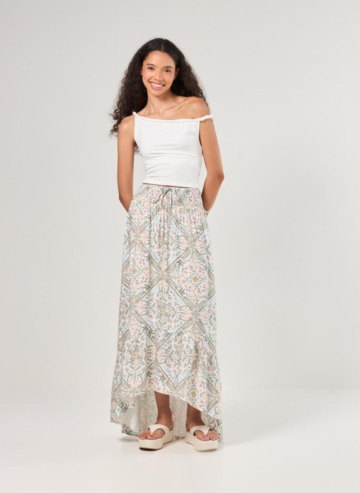 Saia Midi Off-White Estampa Mística