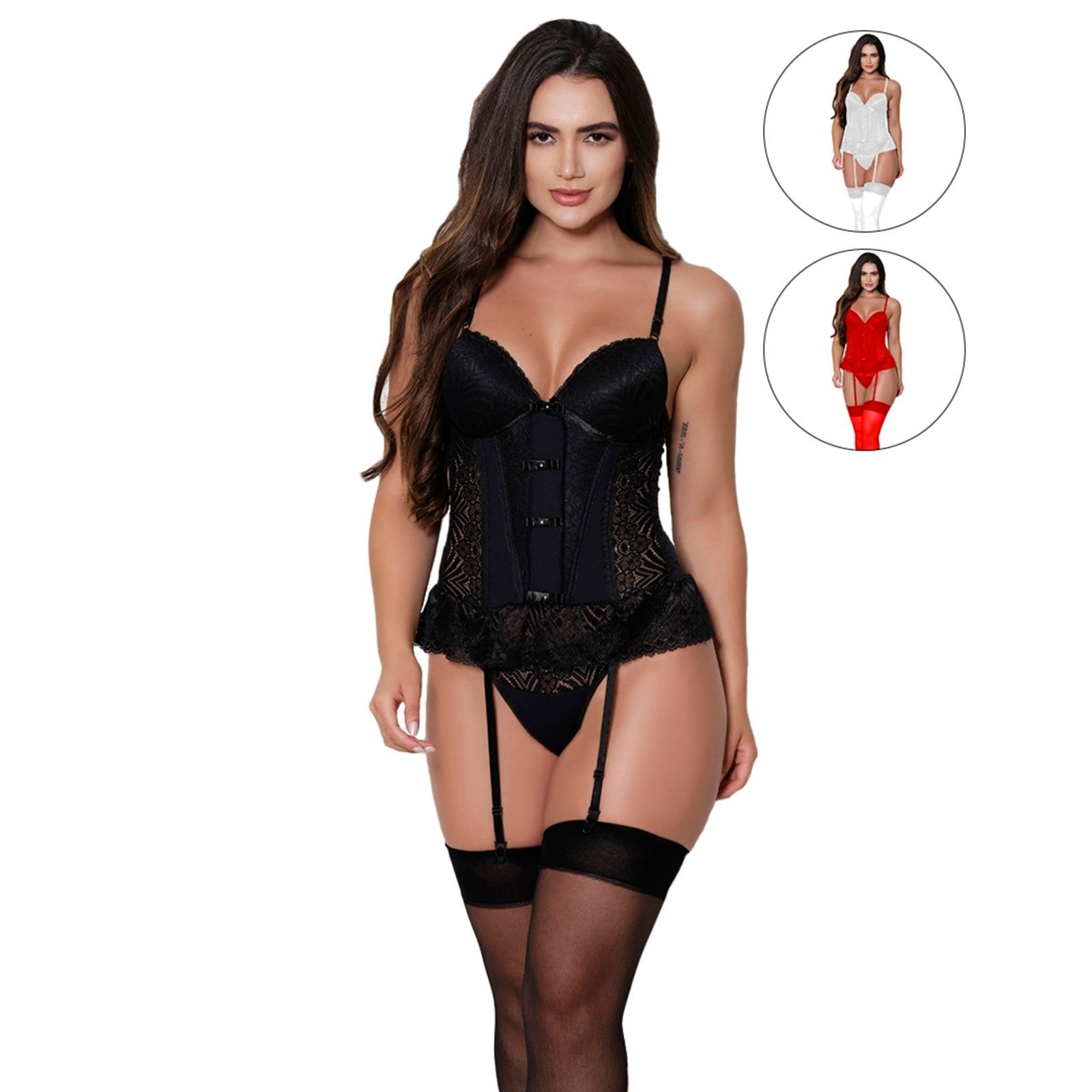 Kit 2 Espartilhos Sexy Gabi Lingerie Renda Calcinha Sensual Cinta Liga