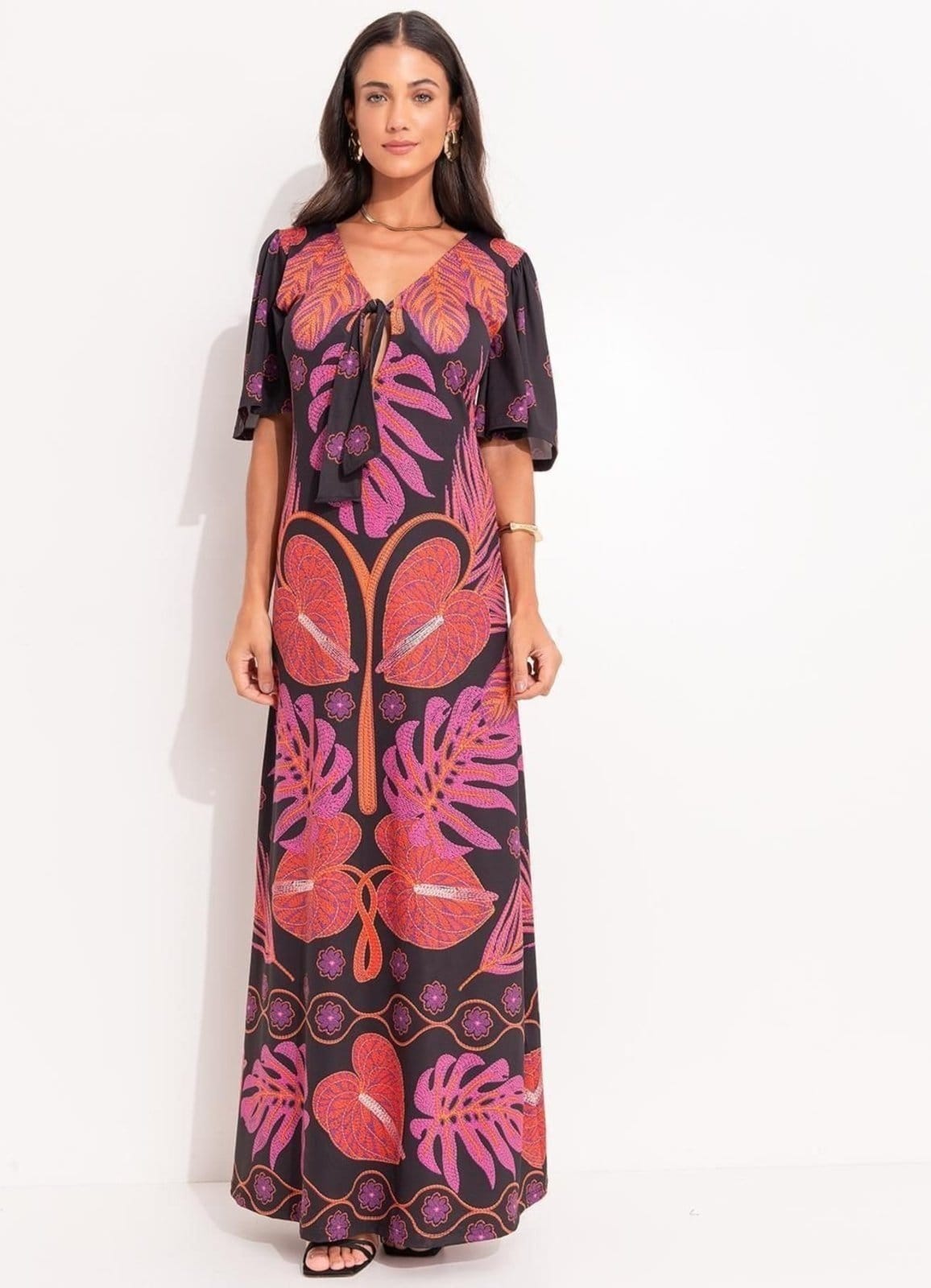 Vestido Malha Fria Folhagens Barrada Colorido