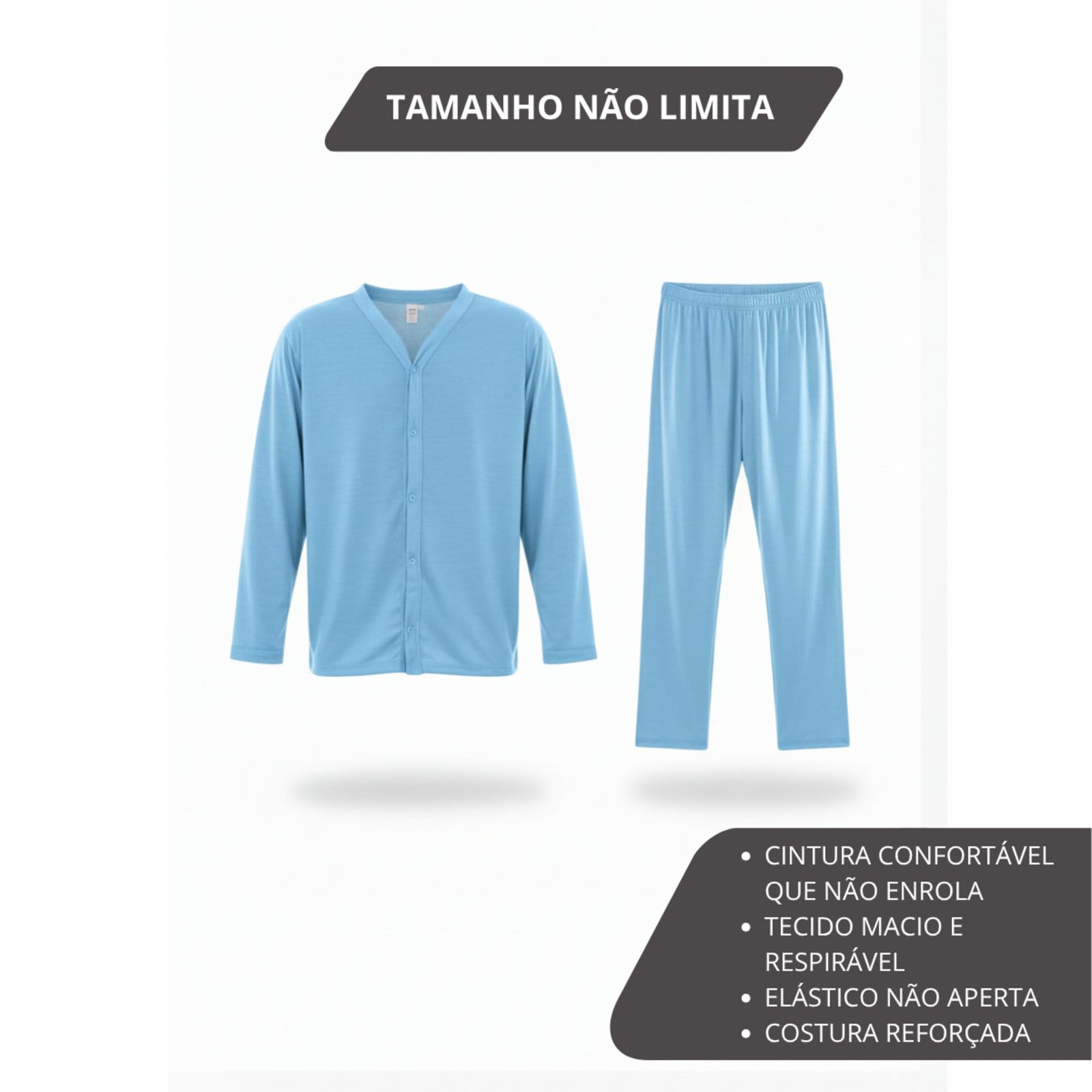 Pijama Americano Masculino Aberto Plus Size Adulto Inverno Comprido Frio Malha Fria Manga Longa G1 G2 G3 G4 48 50 52 Conforto Botão Abotoado Homen Mechler Claro Celeste - 2