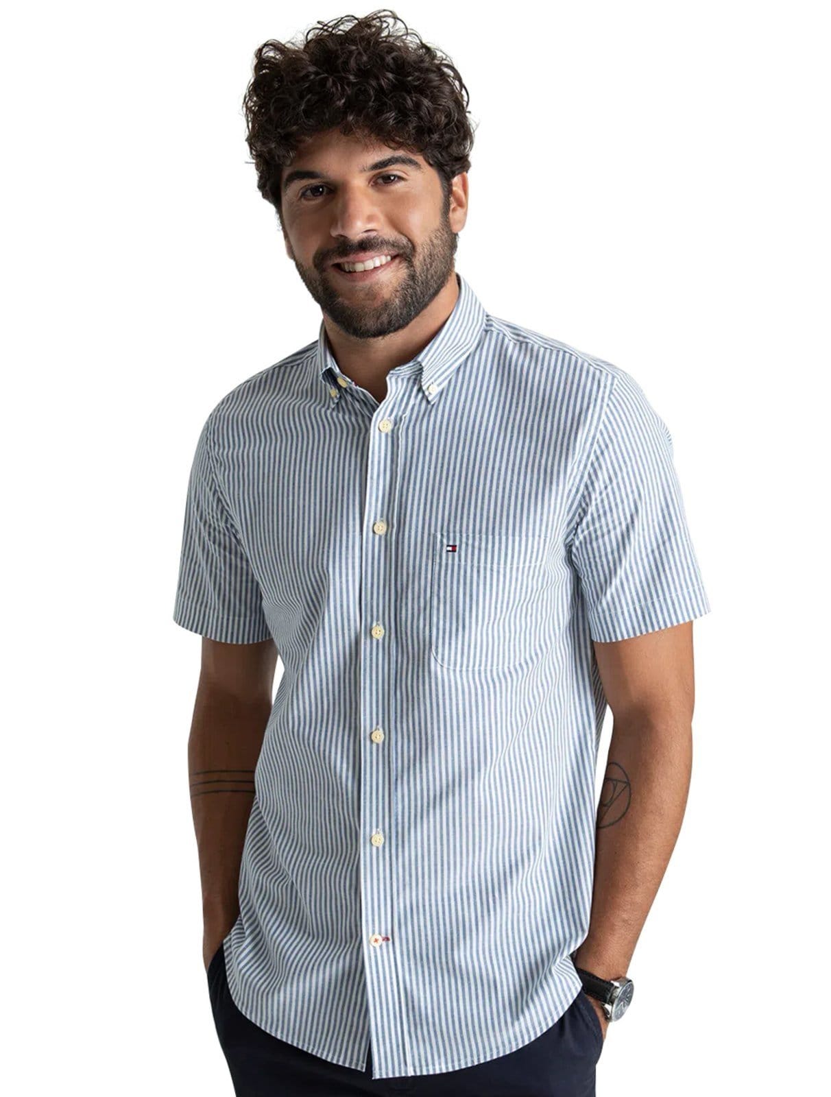 Camisa Tommy Hilfiger Masculina Manga Curta Regular Listrada Oxford Médio