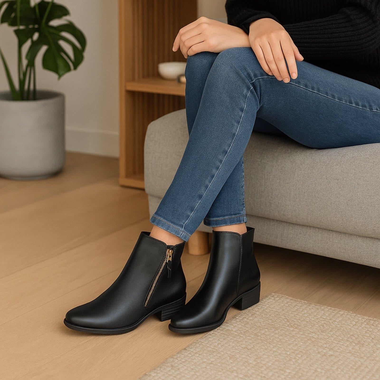 Bota Feminina Cano Curto Bia Ramos em Couro com Zíper Lateral Preta